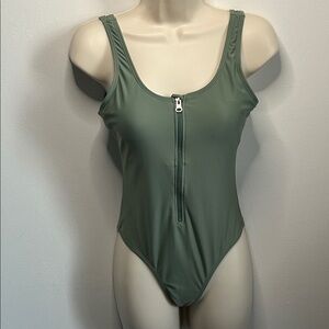 SHEIN Olive Zip-Front One-Piece Swimsuit - Women Swim